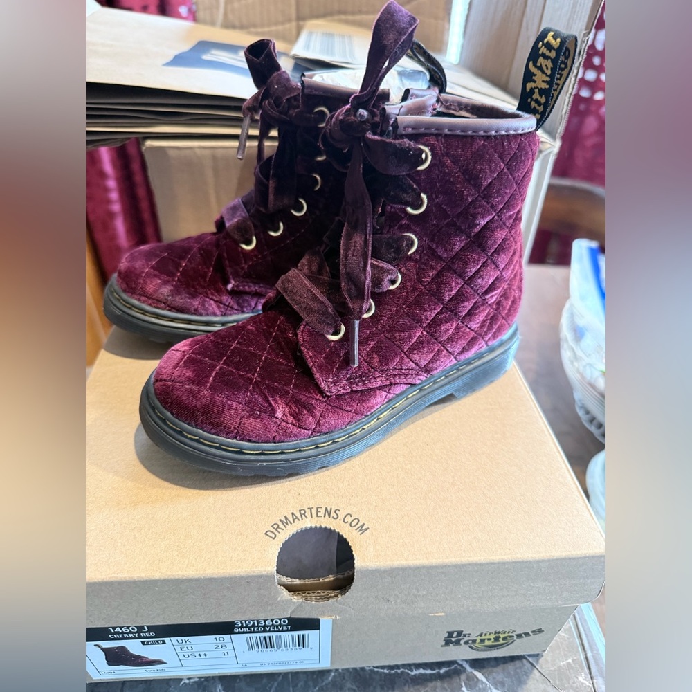 Kids Dr. Martens Quilted Velvet Lace-Up Boots in Burgundy
